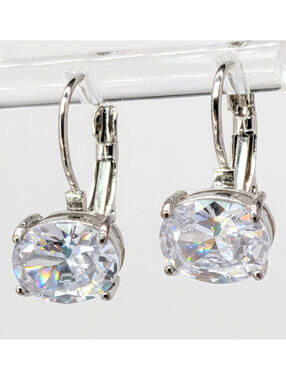 Silver Tone Oval Glass Leverback Earrings Clear Prong Set Dangle 9.9mm 4g Pair